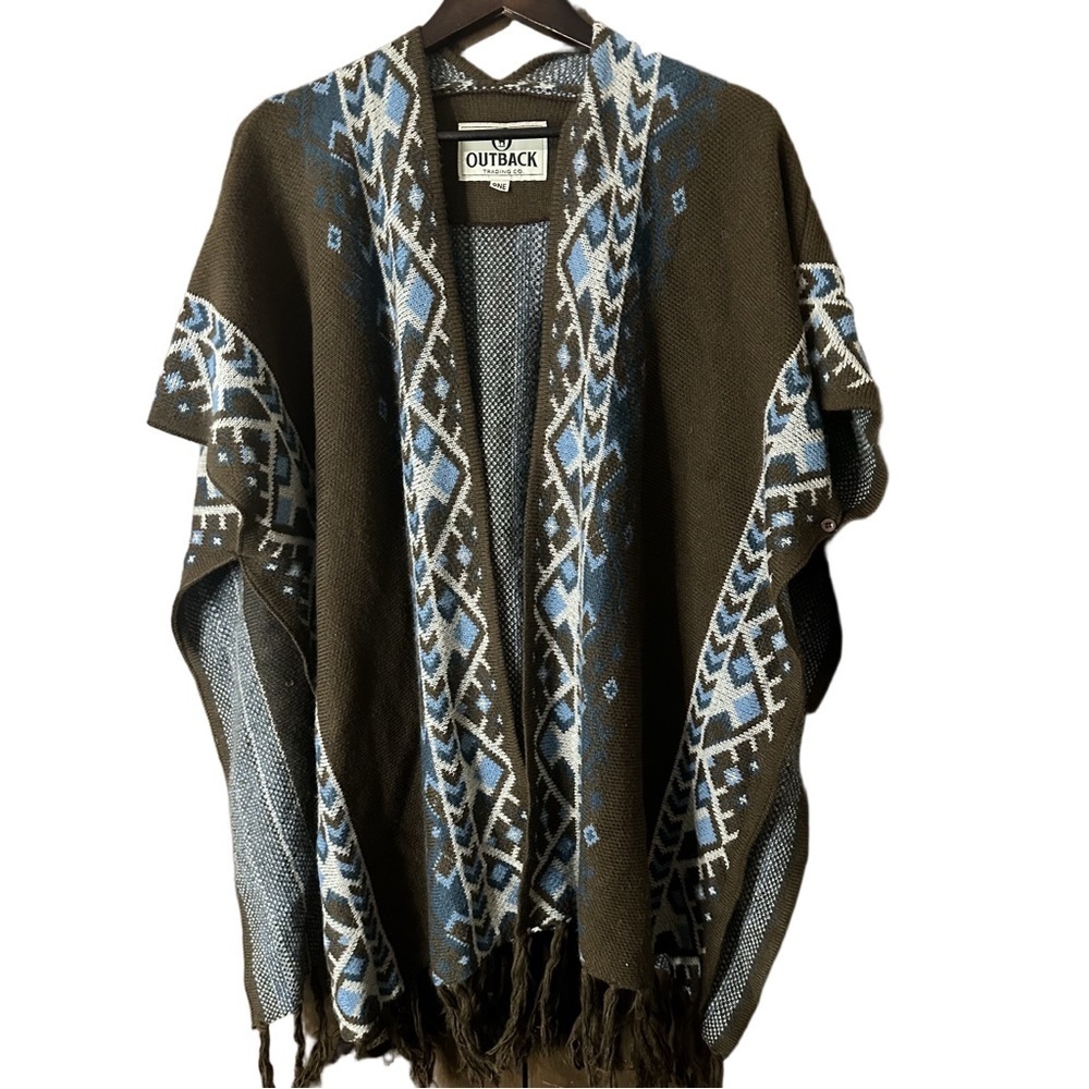 Outback Trading Co. Women's Blue and Brown Poncho Western Boho Cowgirl US OS